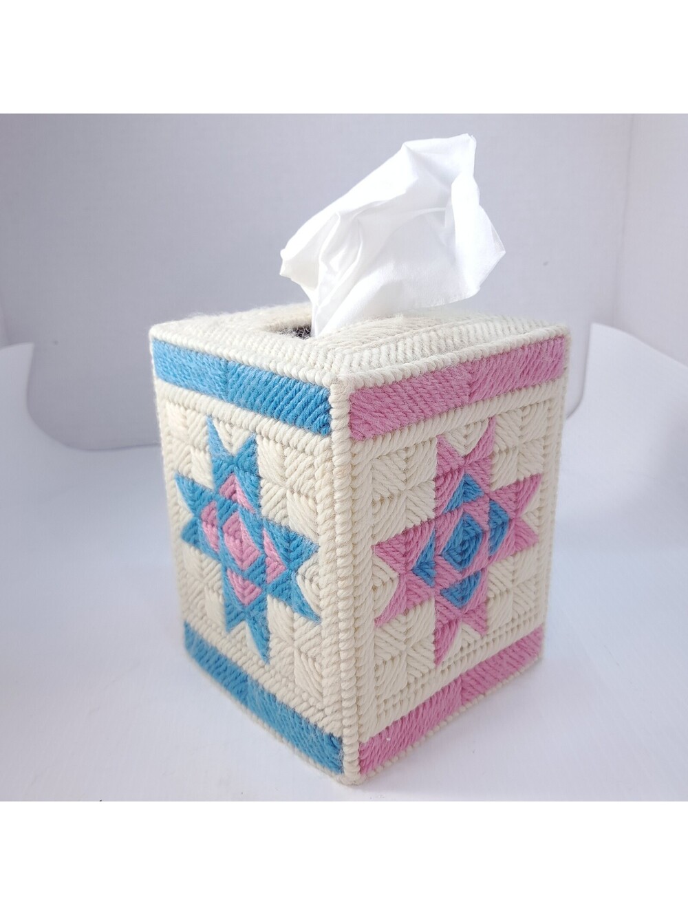 VIntage granny square Plastic Canvas Tissue Box Cover holder Handmade pink blue